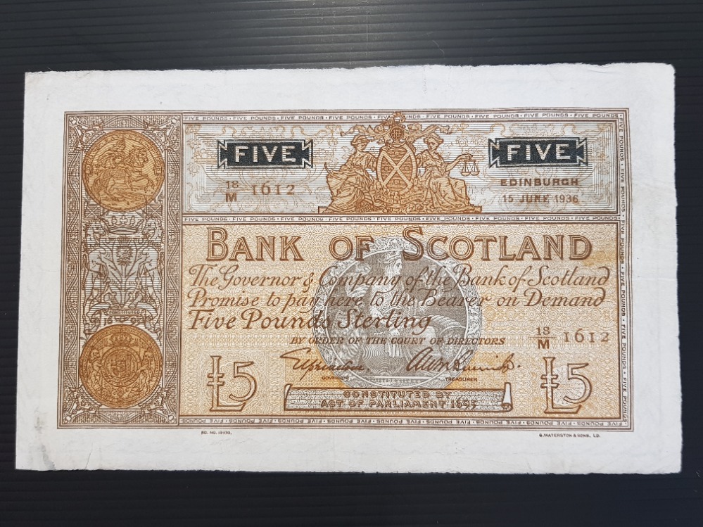 BANK OF SCOTLAND 5 POUNDS BANKNOTE DATED 15-6-1936, TAPED REPAIR, PRESSED FINE