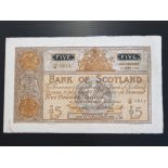 BANK OF SCOTLAND 5 POUNDS BANKNOTE DATED 15-6-1936, TAPED REPAIR, PRESSED FINE