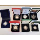 7 ROYAL MINT UK COINS ALL PIEDFORT SILVER PROOF COMPRIMISING, 1982 20P, 1990 5P, 1992 10P, 1994 DDAY