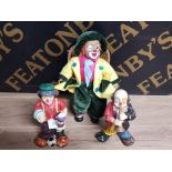 3 CLOWN FIGURES INCLUDING 1 LARGE SEATED CLOWN WITH WICKER CHAIR, PLUS JUGGLER AND MUSICIAN