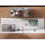 3 COINS FDC AND UNC 2 POUND (OLD TYPE COIN) CELEBRATION OF FOOTBALL, OLD 1 POUND NOTE AND OLD 1