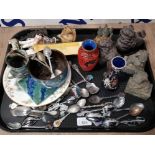 TRAY OF MISCELLANEOUS ITEMS INCLUDING ORIENTAL FOO DOGS, VARIOUS SOUVENIR SPOONS ETC