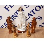 4 CAST COMPOSITE ORIENTAL FIGURES TOGETHER WITH GALOS FIGURINE LADY AND LAPDOG