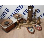 MARBLE TOPPED SCALES, BRASS SHELL CASING, BRASS CANDLESTICKS, SHIELDS FOR LONDON UNIVERSITY PLUS