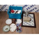 BOX OF MISCELLANEOUS POTTERY, PORCELAIN AND GLASSWARE INCLUDES MINTON CHINA, MUSICAL BARREL,