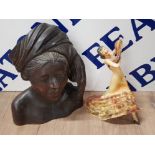 MALASIAN HAND CARVED HARDWOOD BUST OF A MAIDEN TOGETHER WITH WADE SPANISH DANCER FIGURINE