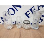 THREE THOMAS WEBB ETCHED CRYSTAL VASES AND A THOMAS WEBB ROSE BOWL TALLEST VASE 20CM HIGH