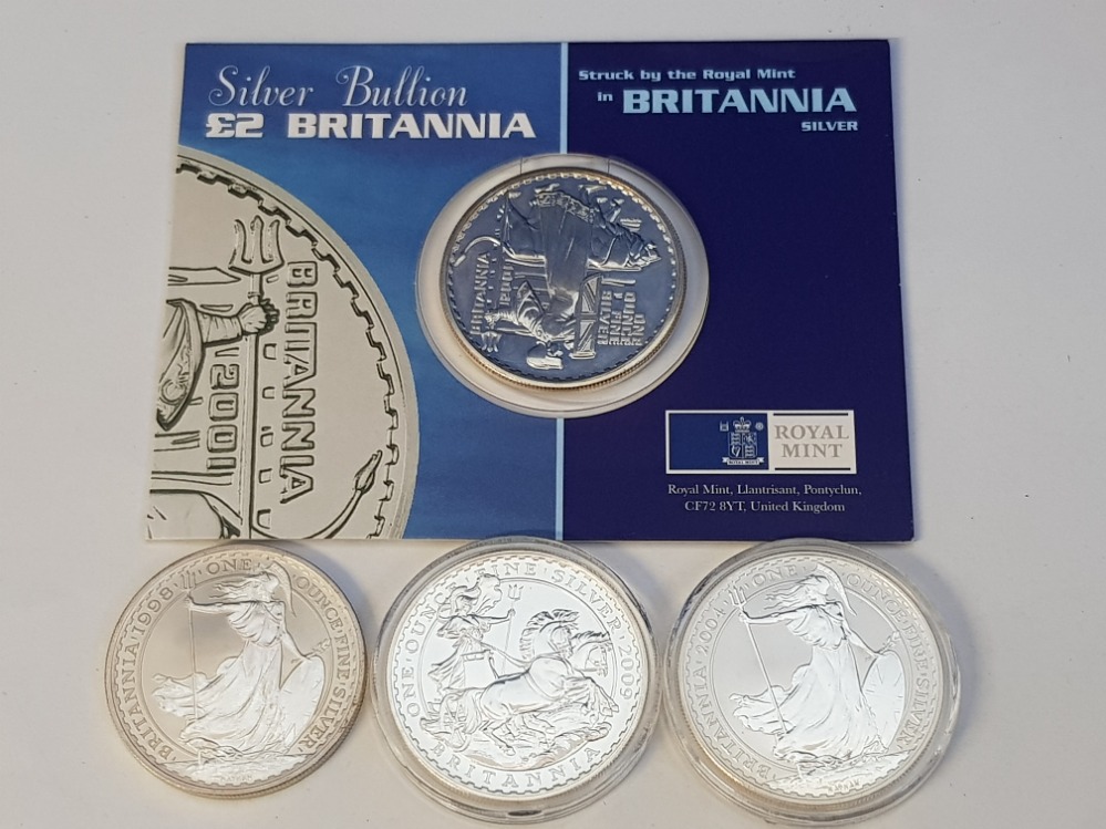 UK ROYAL MINT SILVER ONE OUNCE BRITANNIAS COINS, 4 IN TOTAL DATED 1998 2001 2004 2009