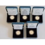 5 ROYAL MINT UK 1 POUND SILVER PROOF COINS FROM 1998 TO 2002 ALL IN ORIGINAL CASES WITH