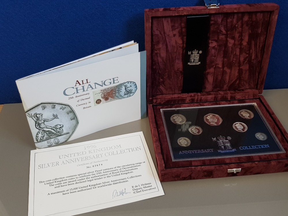 UK ROYAL MINT 1996 SILVER PROOF ANNIVERSARY SET OF 7 COINS IN ROYAL MINT CASE OF ISSUE WITH