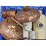 ANTIQUE COPPER KETTLE AND BED WARMER WITH OTHER METAL ITEMS AND ANTIQUE STONE WATER BOTTLES