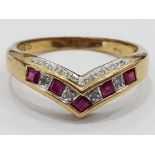 9CT GOLD WISHBONE TYPE RING WITH RUBIES AND DIAMONDS, 2.7G SIZE O