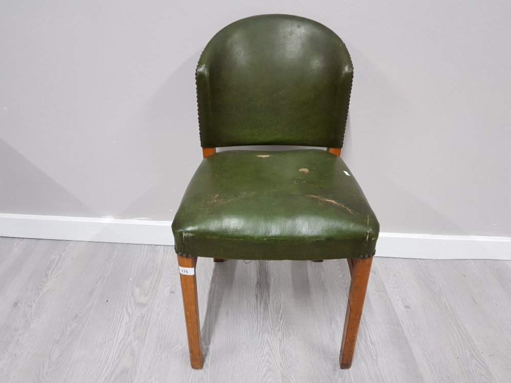 A GREEN LEATHER EFFECT CHAIR ON BEECH FRAME WITH STUD DECORATION