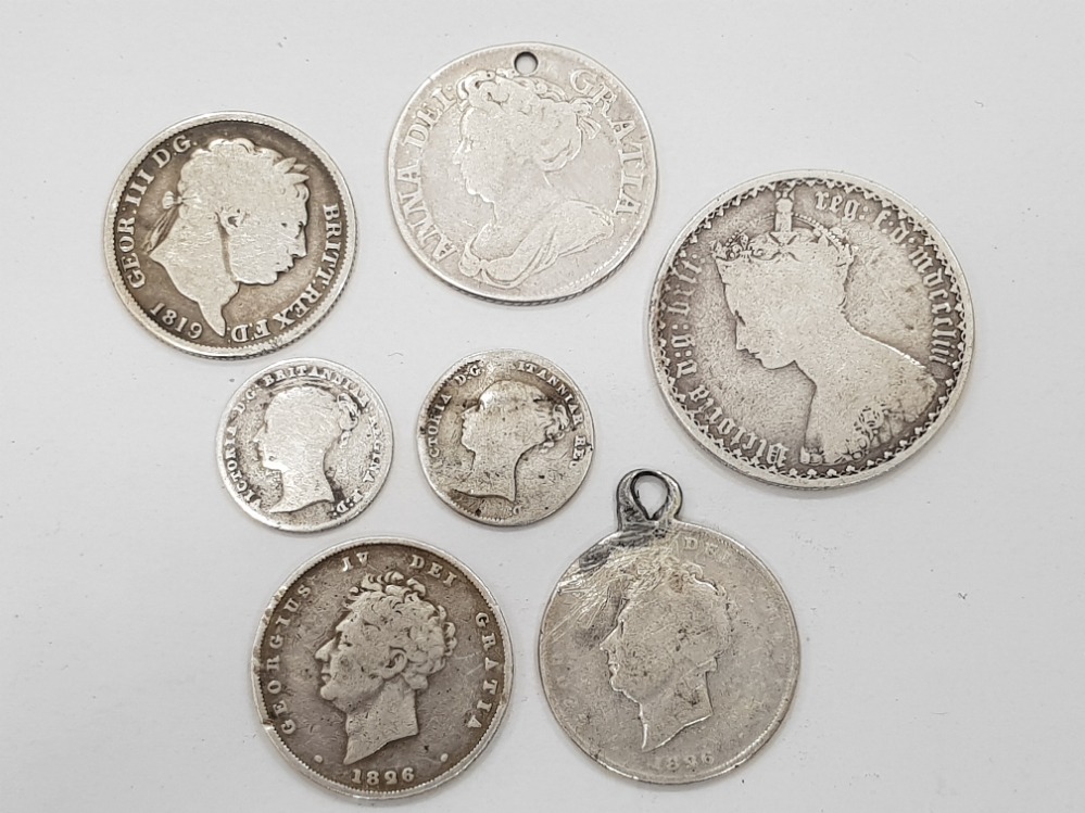 7 PURE SILVER COINS DATED PRE 1860 INCLUDES 1840 AND 1843 FOURPENCE, SHILLINGS 1711 1819, 1926 X 2 - Image 2 of 2