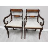 PAIR OF REGENCY ARMCHAIRS WITH BRASS INLAY AND DROP IN SEATS