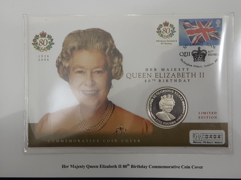 SILVER 2006 5 POUNDS COIN FROM GIBRALTAR, ON QUEENS 80TH FIRST DAY COVERS