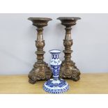 PAIR OF DUTCH STYLE COMPOSITE CANDLESTICKS TOGETHER WITH A SINGLE FAIENCE CANDLESTICK MARKED DECOR