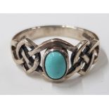 SILVER AND TURQUOISE CELTIC DESIGN RING, 2.8G SIZE M, BOXED
