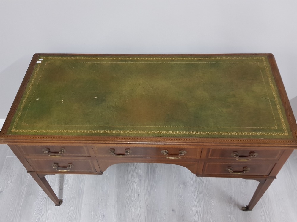 EDWARDIAN INLAID MAHOGANY GREEN LEATHER TOPPED WRITING DESK WITH BRASS HANDLES AND CASTORS, 122 X 79 - Image 2 of 4