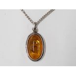 SILVER AND OVAL AMBER PENDANT ON CHAIN, 8.7G GROSS, BOXED