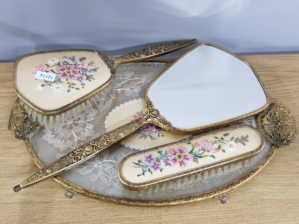 4 PIECE VINTAGE DRESSING TABLE SET, WITH FLORAL PATTERNED EMBROIDERY