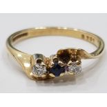 9CT YELLOW GOLD DIAMOND AND SAPPHIRE THREE STONE RING, 1.9G SIZE M1/2