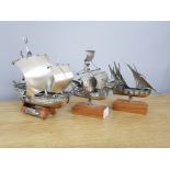 SET OF 3 ITALIAN MARKED 925 STANDARD SOLID SILVER SAILING SHIPS ON STANDS, TALLEST THE PINTA,