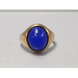 9CT YELLOW GOLD OVAL BLUE STONE RING 4.2G GROSS SIZE J
