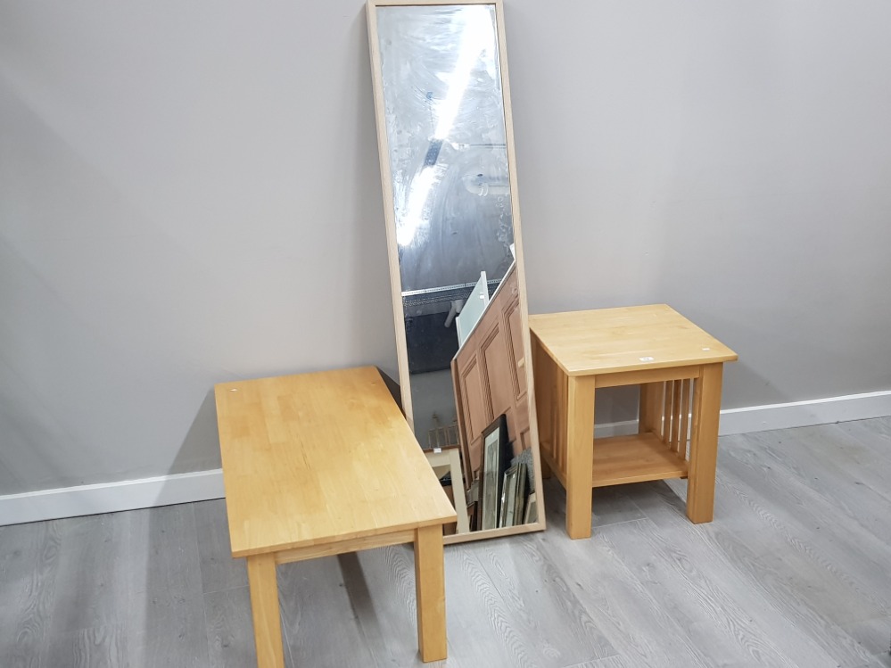 BEECH 3 PIECE SET COMPRISING OF COFFEE TABLE, LAMP TABLE AND NARROW HALL MIRROR
