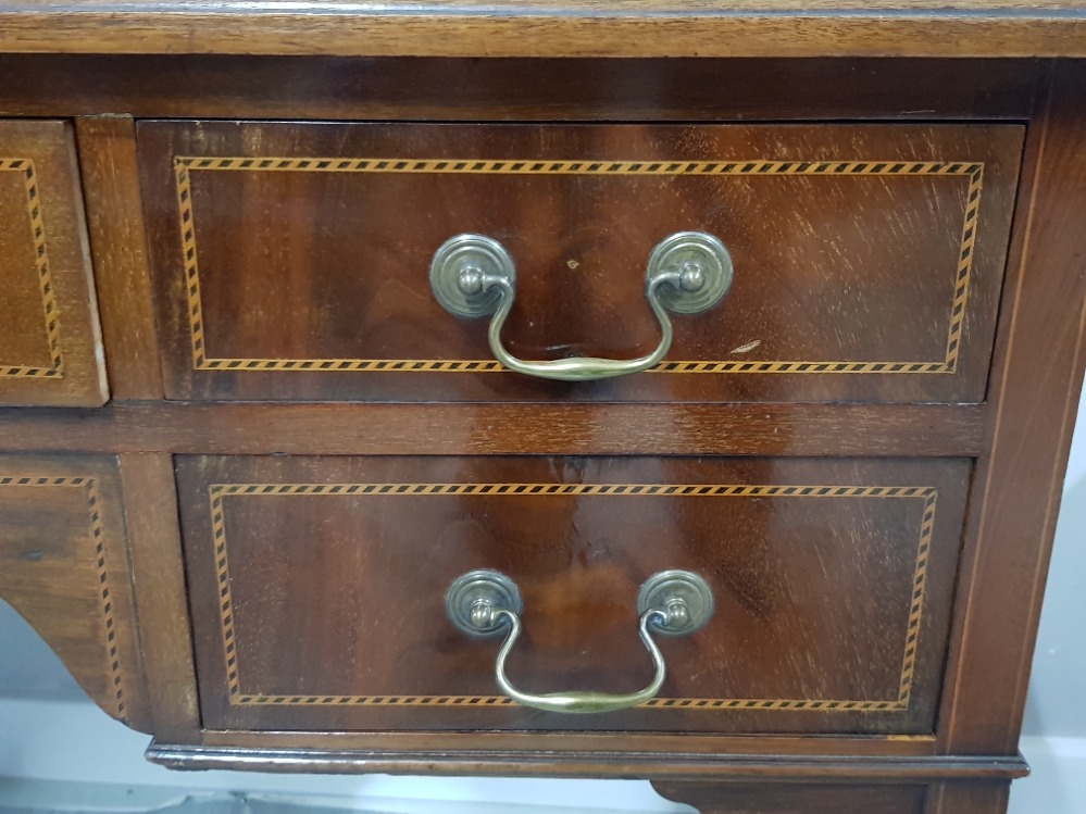 EDWARDIAN INLAID MAHOGANY GREEN LEATHER TOPPED WRITING DESK WITH BRASS HANDLES AND CASTORS, 122 X 79 - Image 4 of 4