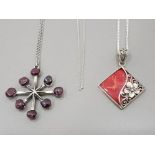 A SILVER MOUNTED CORAL PENDANT ON SILVER CHAIN ANOTHER SILVER CHAIN TOGETHER WITH A SILVER