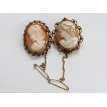 2 VINTAGE ROLLED GOLD CAMEO BROOCHES, BOTH WITH SAFETY CHAINS