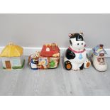 4 COOKIE JARS INCLUDING A HOME SWEET HOME FOR RAYWARE BOOT ETC