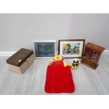 JEWELLERY BOX CABINET, RINGTONS MONEY BANK, 2 FRAMED PICTURES AND A BOX OF POLYESTER/ COTTON