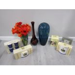 LARGE PORCELAIN VASE WITH FLOWERS, 2 LARGE GLASS VASES AND COLLECTION OF RINGTONS BOXED POTTERY