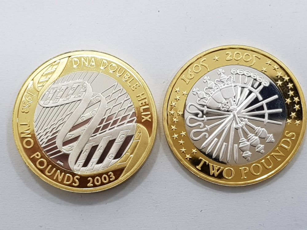 2003 AND 2005 SILVER PROOF 2 POUND COINS INCLUDES PIEDFORT DNA DOUBLE HELIX AND 400TH ANNIVERSARY OF