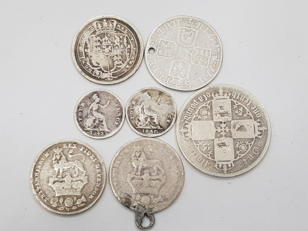 7 PURE SILVER COINS DATED PRE 1860 INCLUDES 1840 AND 1843 FOURPENCE, SHILLINGS 1711 1819, 1926 X 2