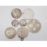 7 PURE SILVER COINS DATED PRE 1860 INCLUDES 1840 AND 1843 FOURPENCE, SHILLINGS 1711 1819, 1926 X 2