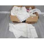 VICTORIAN PETTICOATS CHRISTENING GOWNS TABLE CLOTHES FABRIC REMNANTS AND OTHER ITEMS IN TWO BOXES