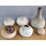 STUDIO POTTERY SCULPTURES AND SMALL VASES BY SYLVIA COURIEL TOGETHER WITH AN ONION SHAPE VASE WITH