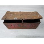 A RED PAINTED METAL AMMO CRATE