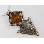 SILVER AND ROUND AMBER PENDANT ON CHAIN, 20.5G, BOXED