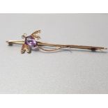 9CT ROSE GOLD PURPLE STONE WITH PEARL BROOCH 4.1G GROSS