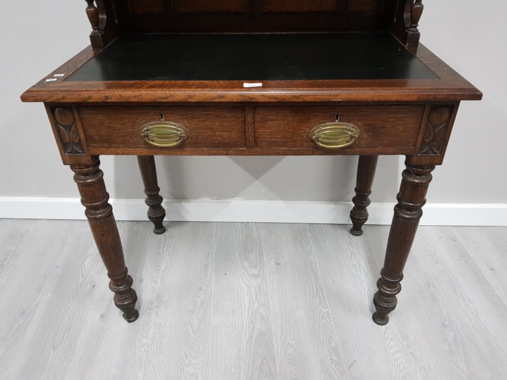 AN EARLY 20TH CENTURY OAK SECRETAIRE LEATHER TOP WITH GLAZED ASTRAGAL BOOKCASE ABOVE 94 X 196 X - Image 3 of 4