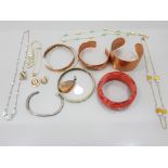 A SILVER BANGLE 14.3G THREE COPPER BANGLES AN AMBER TYPE BRACELET NECKLACES ETC