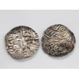 2 MIDDLE EASTERN HAMMERED TESTED AS SILVER CALLIGRAPHY COINS, TEMPTING TANKA POSSIBLY DATED 1376