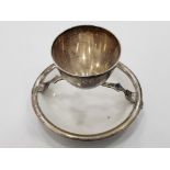 ANTIQUE SILVER PLATED EGG CUP ON MOUNTED DISH BY HUKIN AND HEATH, 1875-1879 H AND H MARKINGS