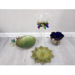 4 LARGE PIECES OF ART GLASS INCLUDING PEDESTAL CENTREPIECE WITH APPLIED HAND MADE LEAVES AND BLUE