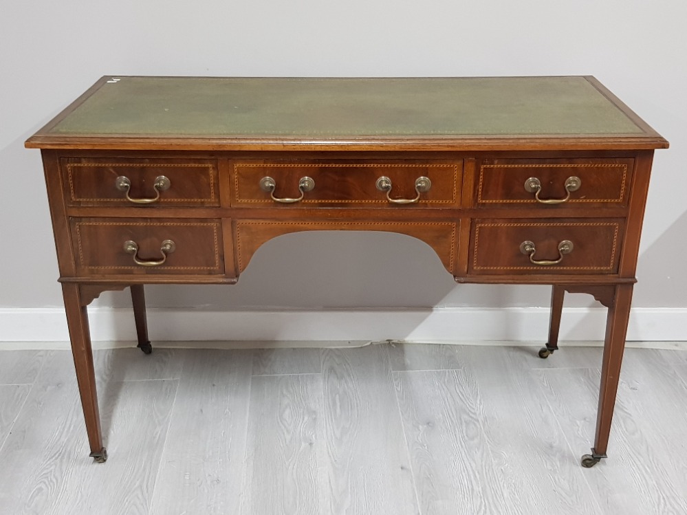 EDWARDIAN INLAID MAHOGANY GREEN LEATHER TOPPED WRITING DESK WITH BRASS HANDLES AND CASTORS, 122 X 79