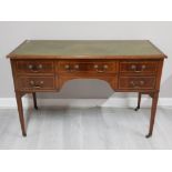 EDWARDIAN INLAID MAHOGANY GREEN LEATHER TOPPED WRITING DESK WITH BRASS HANDLES AND CASTORS, 122 X 79